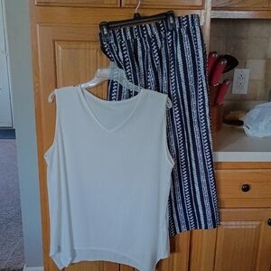 🤑Sleeveless White Top and Black Patterned Pants Set XL